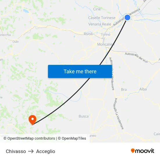 Chivasso to Acceglio map
