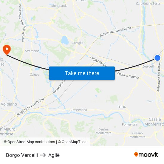 Borgo Vercelli to Agliè map