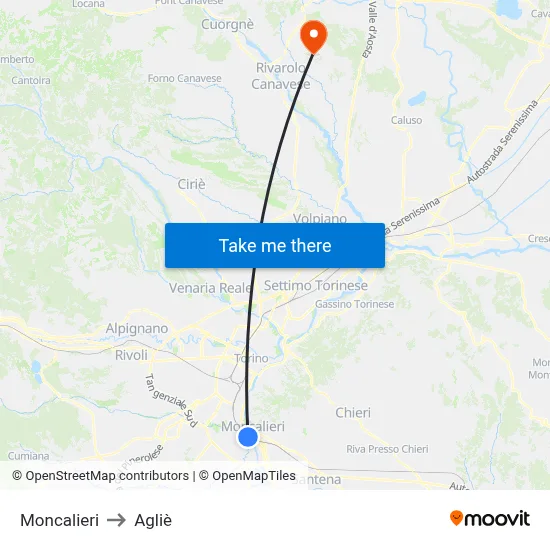 Moncalieri to Agliè map
