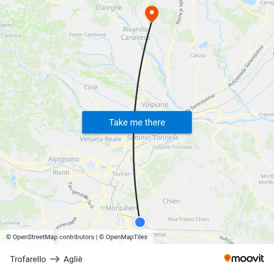 Trofarello to Agliè map