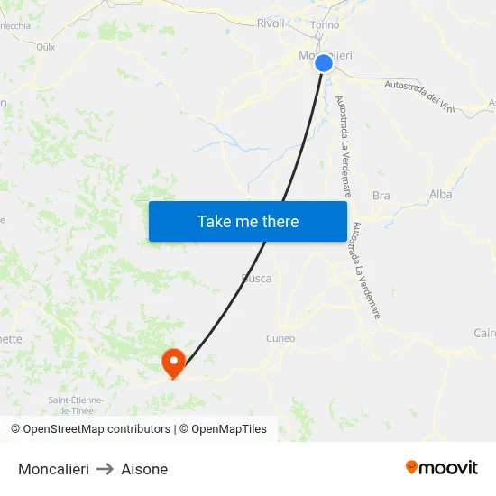 Moncalieri to Aisone map