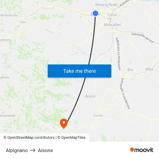 Alpignano to Aisone map