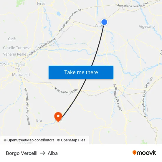 Borgo Vercelli to Alba map