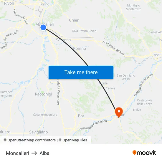 Moncalieri to Alba map