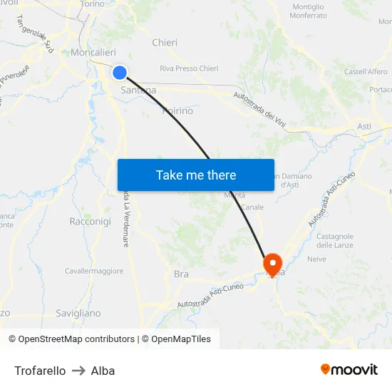 Trofarello to Alba map