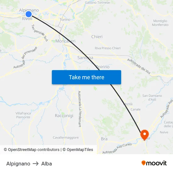 Alpignano to Alba map