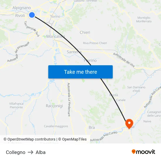 Collegno to Alba map