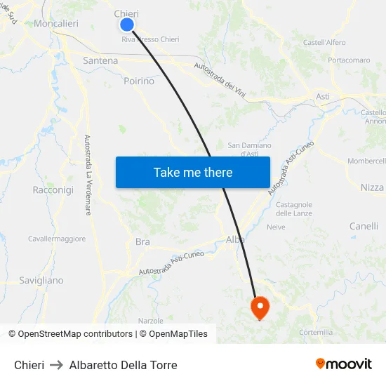 Chieri to Albaretto Della Torre map