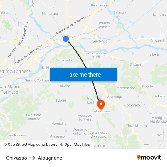 Chivasso to Albugnano map