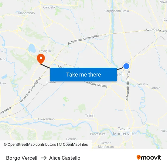 Borgo Vercelli to Alice Castello map