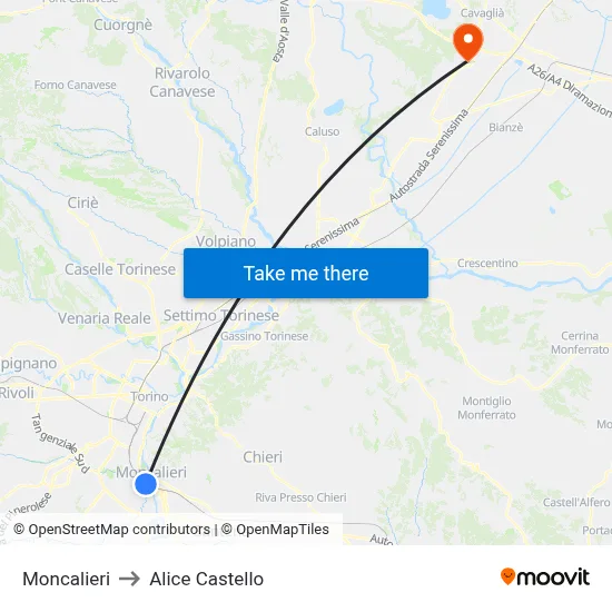 Moncalieri to Alice Castello map