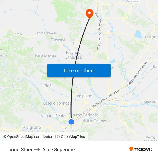 Turin Stura to Alice Superiore map