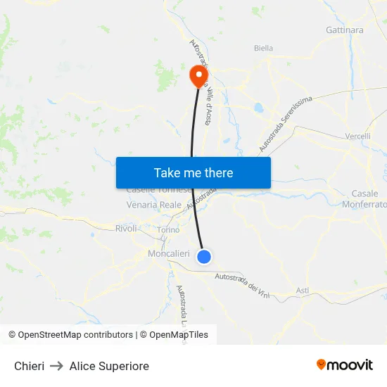 Chieri to Alice Superiore map