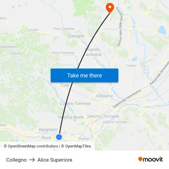 Collegno to Alice Superiore map