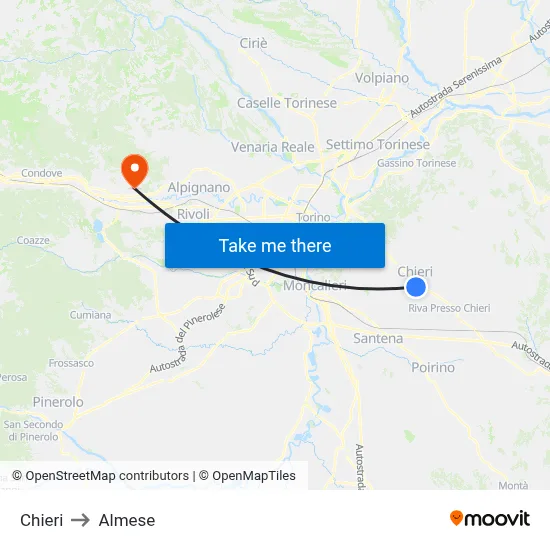Chieri to Almese map