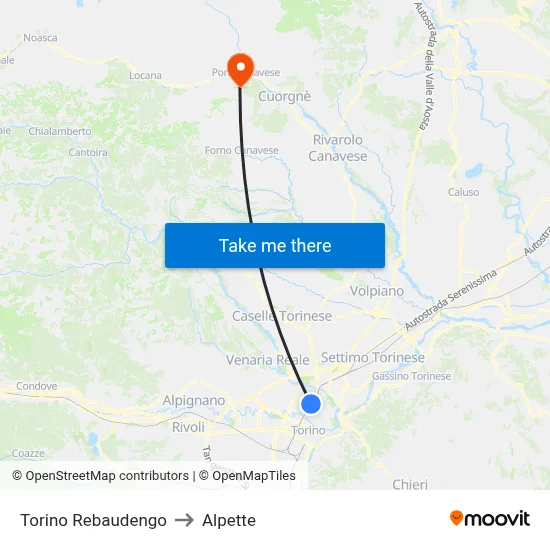 Turin Rebaudengo to Alpette map