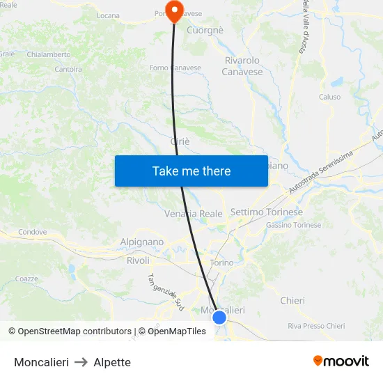 Moncalieri to Alpette map
