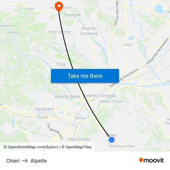 Chieri to Alpette map