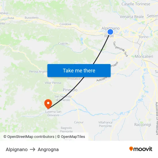 Alpignano to Angrogna map