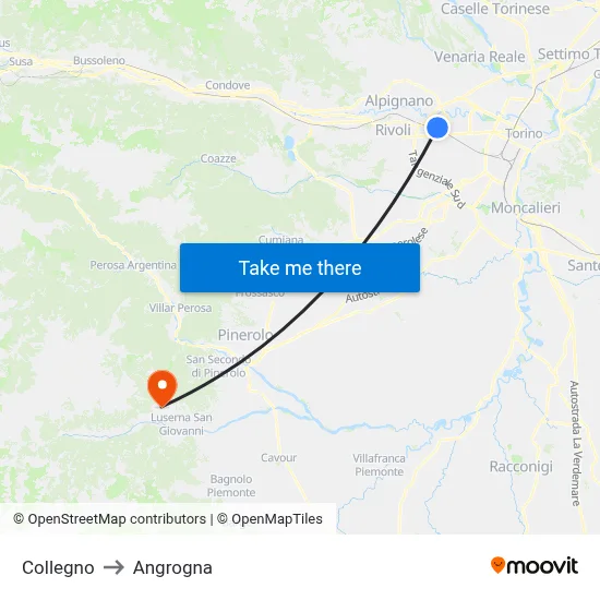 Collegno to Angrogna map