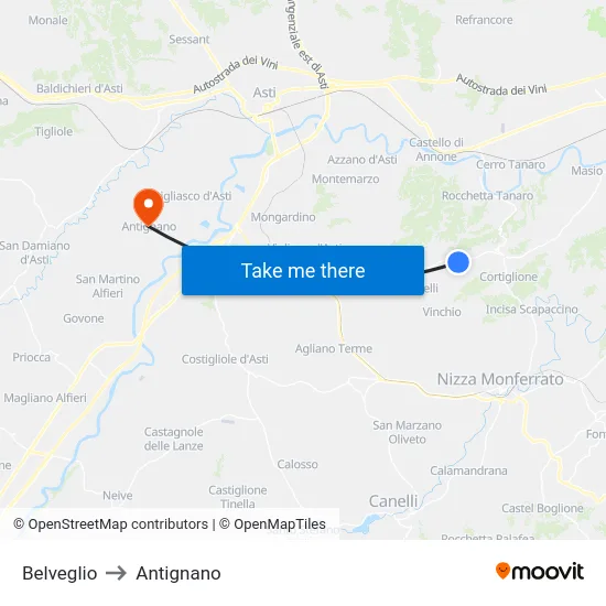 Belveglio to Antignano map