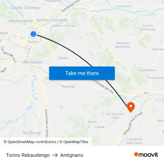 Turin Rebaudengo to Antignano map