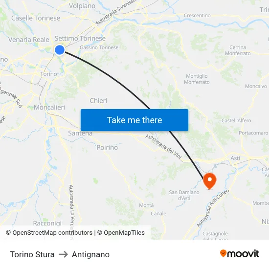 Turin Stura to Antignano map