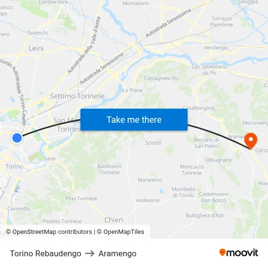 Turin Rebaudengo to Aramengo map