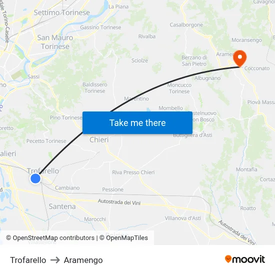 Trofarello to Aramengo map