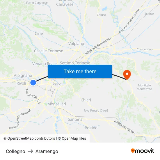 Collegno to Aramengo map