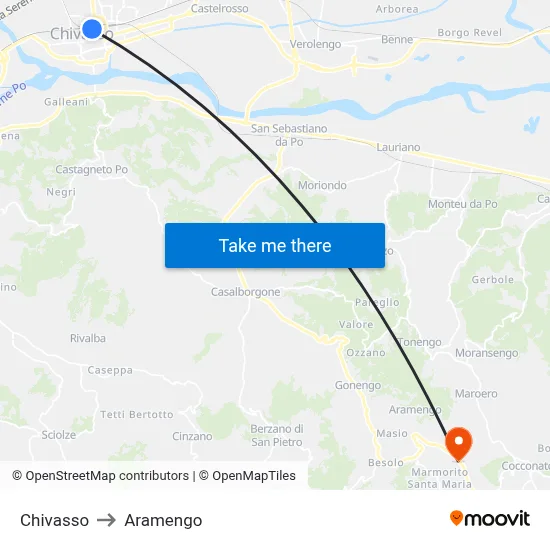 Chivasso to Aramengo map