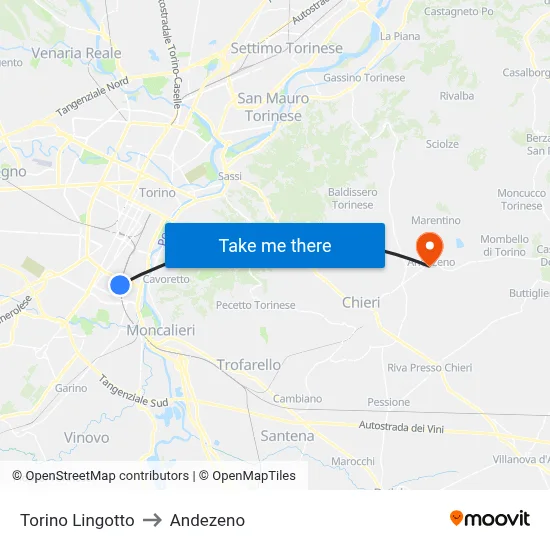 Turin Lingotto to Andezeno map