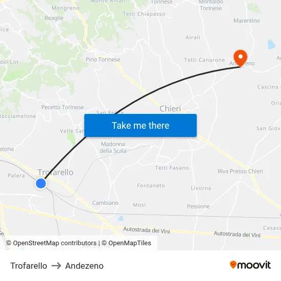 Trofarello to Andezeno map