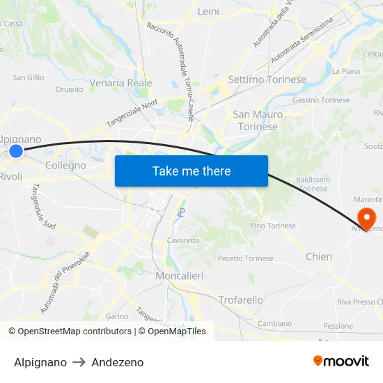 Alpignano to Andezeno map