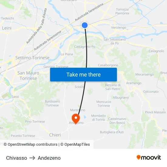 Chivasso to Andezeno map