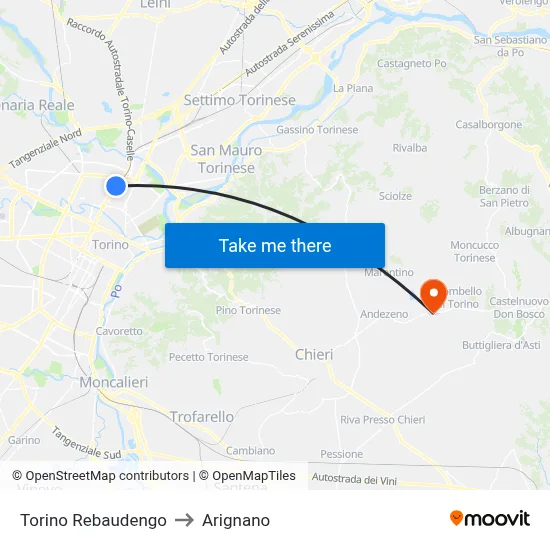 Turin Rebaudengo to Arignano map