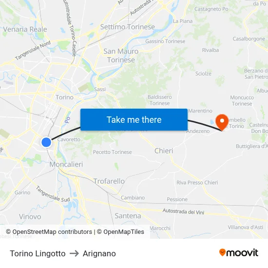 Turin Lingotto to Arignano map