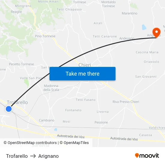Trofarello to Arignano map