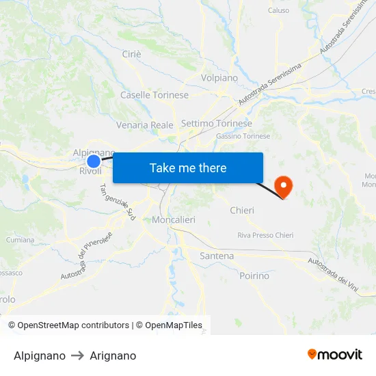 Alpignano to Arignano map