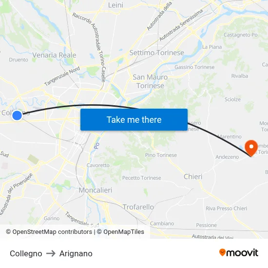 Collegno to Arignano map