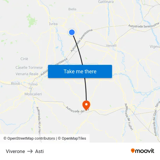 Viverone to Asti map