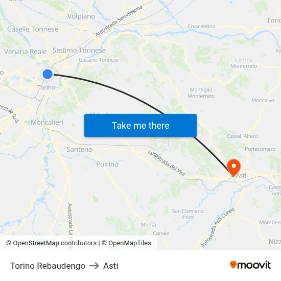 Turin Rebaudengo to Asti map