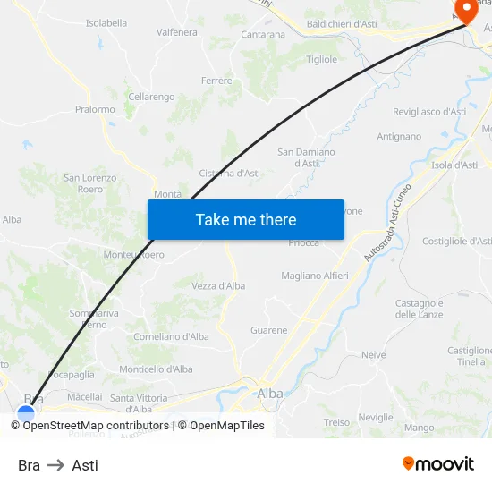 Bra to Asti map