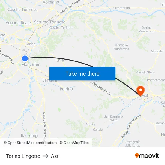 Turin Lingotto to Asti map