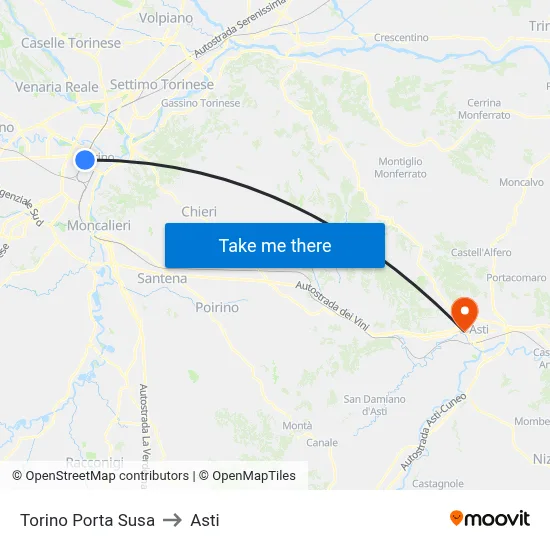 Turin Porta Susa to Asti map