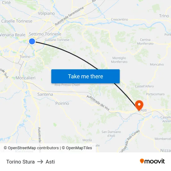 Turin Stura to Asti map