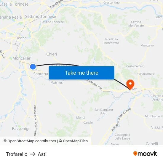 Trofarello to Asti map