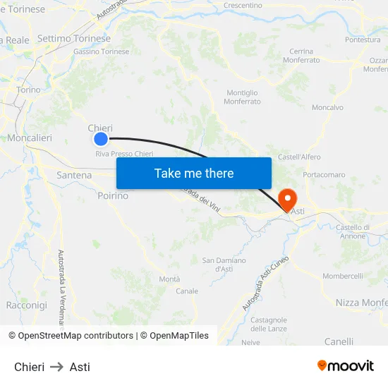Chieri to Asti map