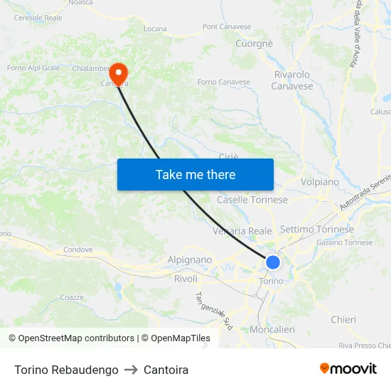 Turin Rebaudengo to Cantoira map
