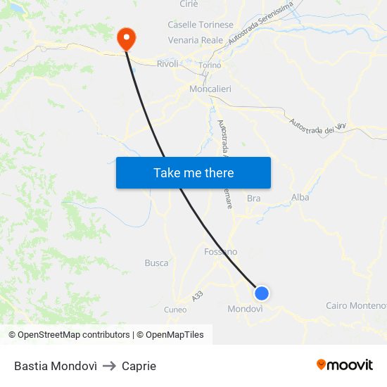 Bastia Mondovì to Caprie map